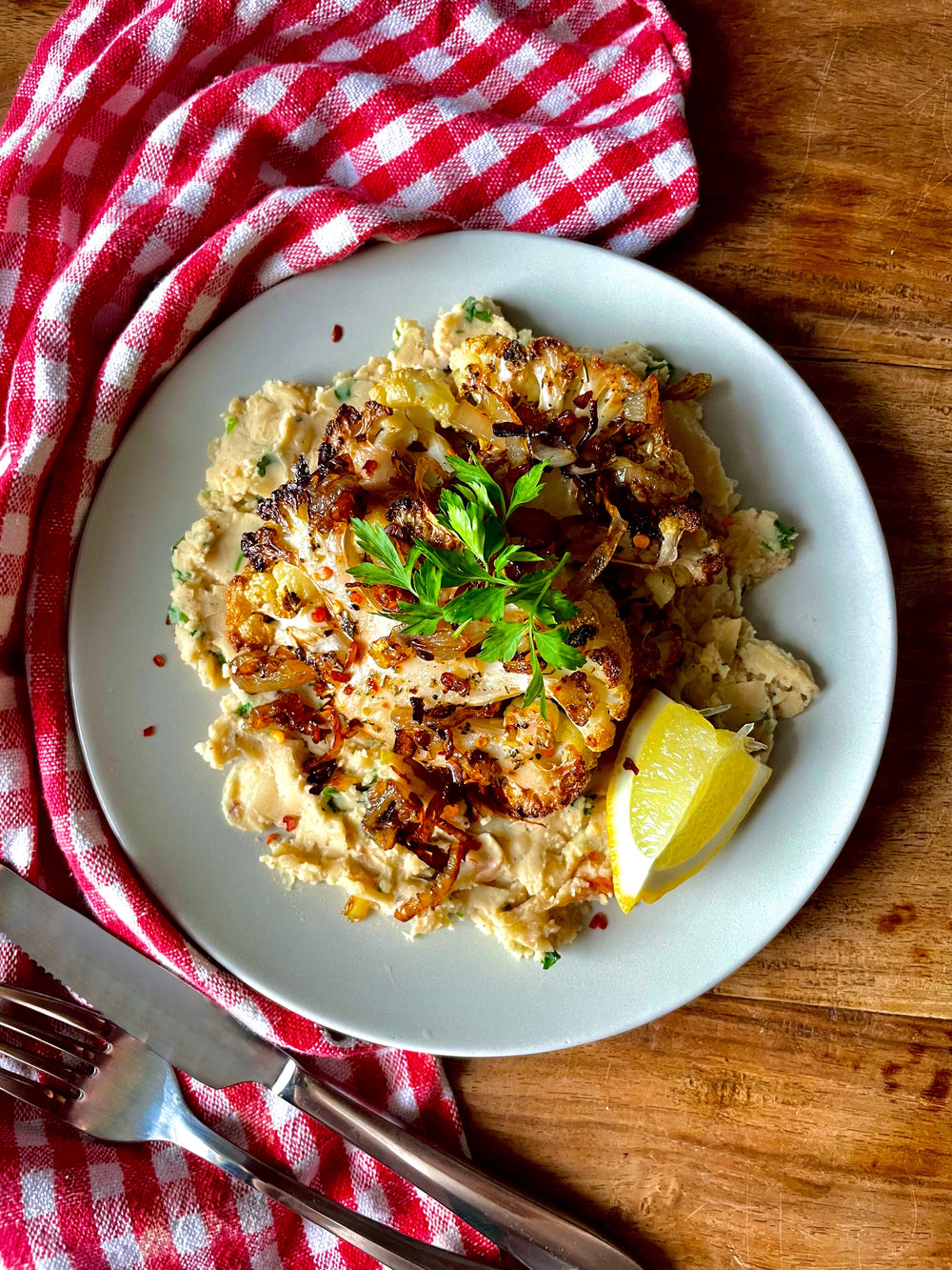 Cauliflower Steak With Roasted Garlic Cannellini Mash