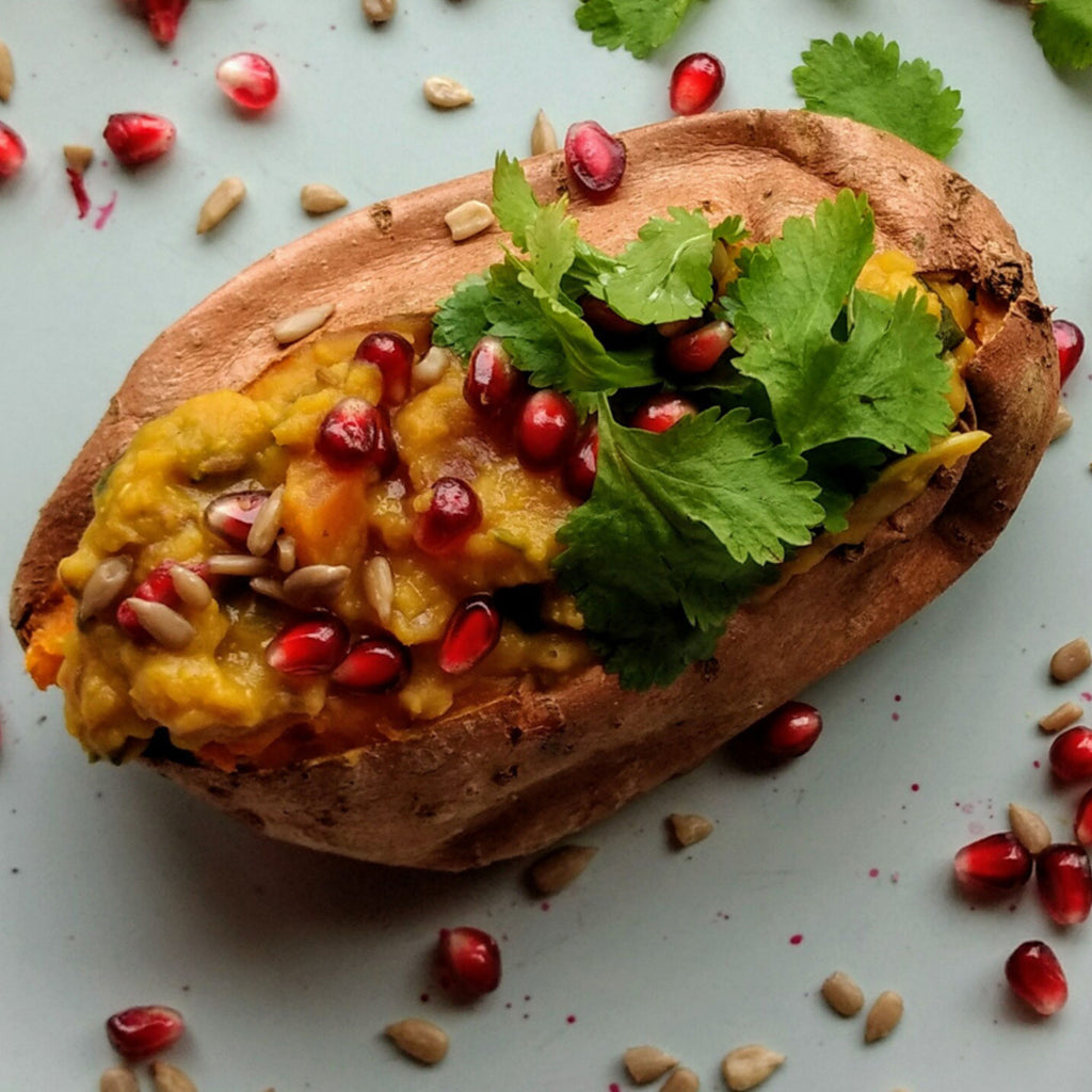 Sweet Potato with Curried Lentils and Pomegranate