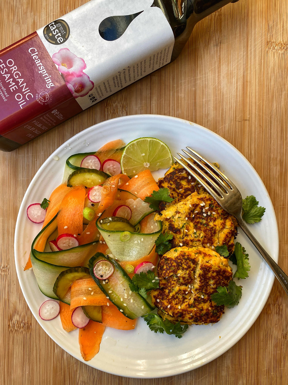 Asian Salmon Cakes with a Zingy Ribbon Salad