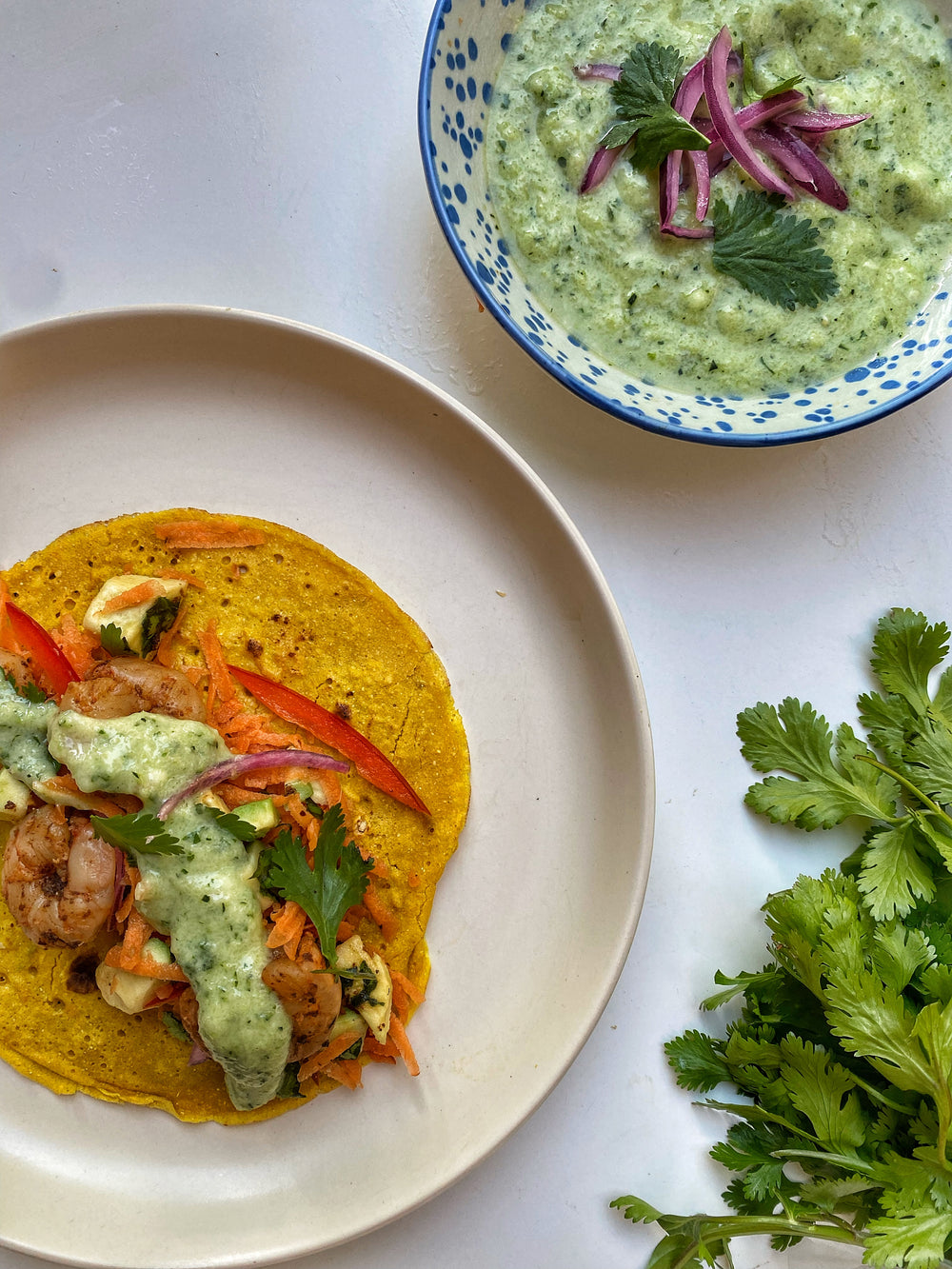 Turmeric Chickpea Wraps With King Prawns and Herby Lime Sauce