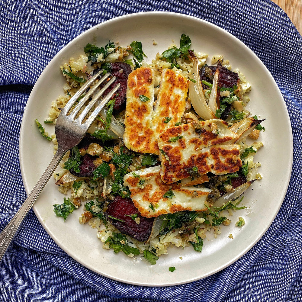Roasted Beetroot and Halloumi with Cauliflower Rice and Chimichurri