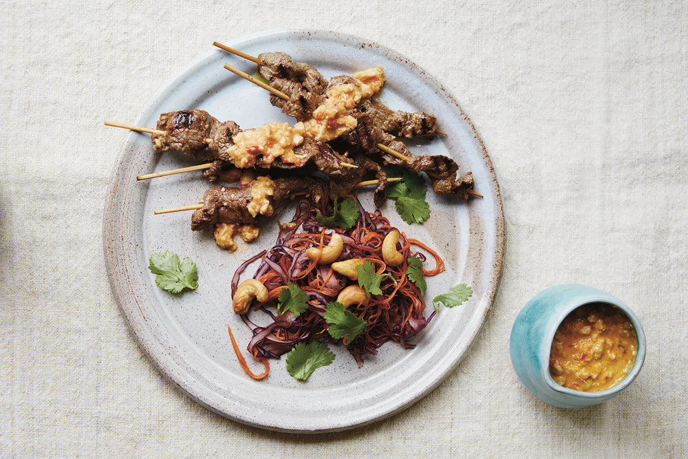 Cashew Beef Satay with Asian Rainbow Slaw