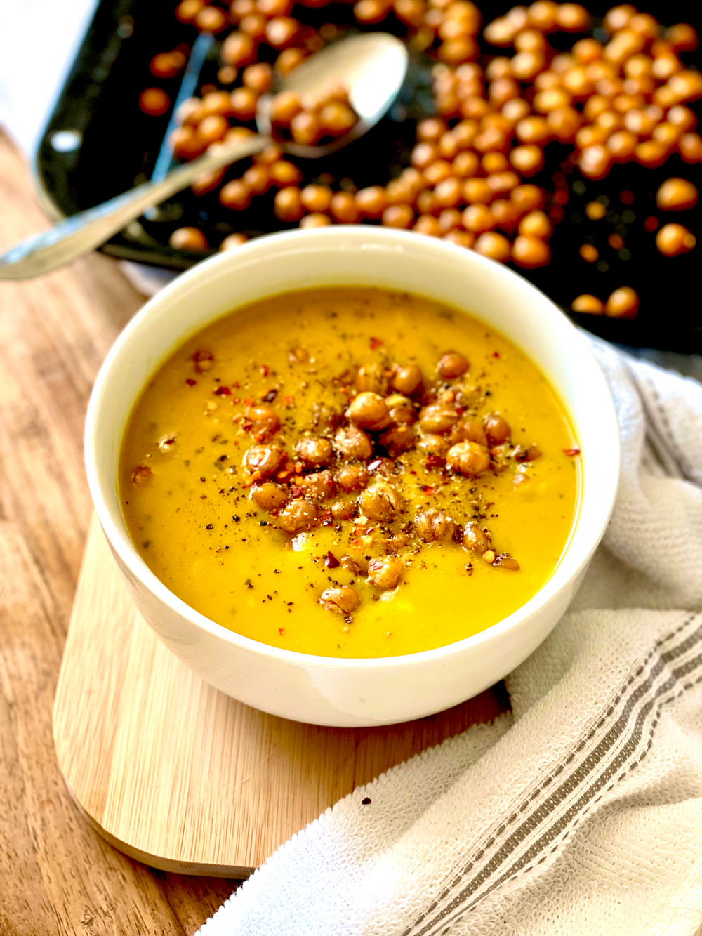 Yellow Split Pea Dahl Soup With Crispy Chickpeas