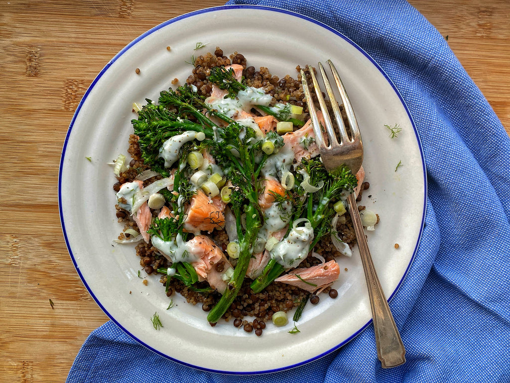 Roasted Salmon With Tenderstem Broccoli, Grains And Creamy Dill Sauce