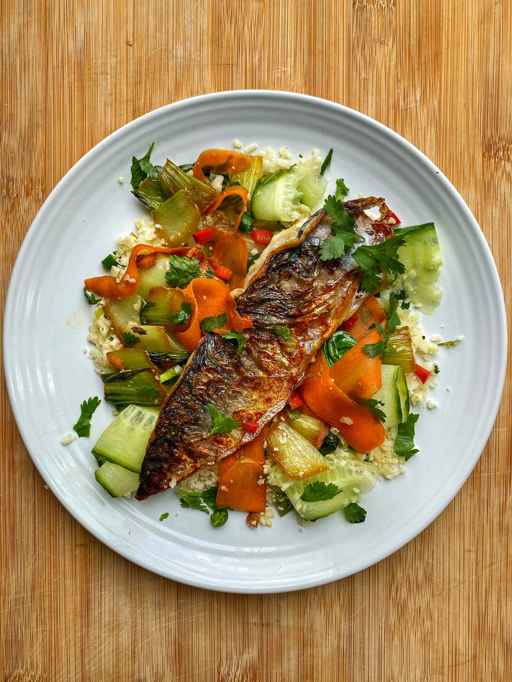 Pan fried mackerel with Asian Cauliflower Rice and Pak choi