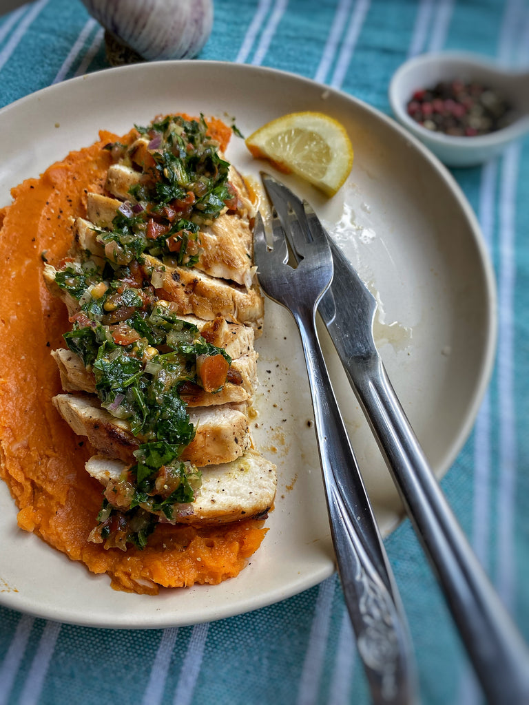 Paprika Chicken Breast With Sweet Potato Mash And Spicy Salsa