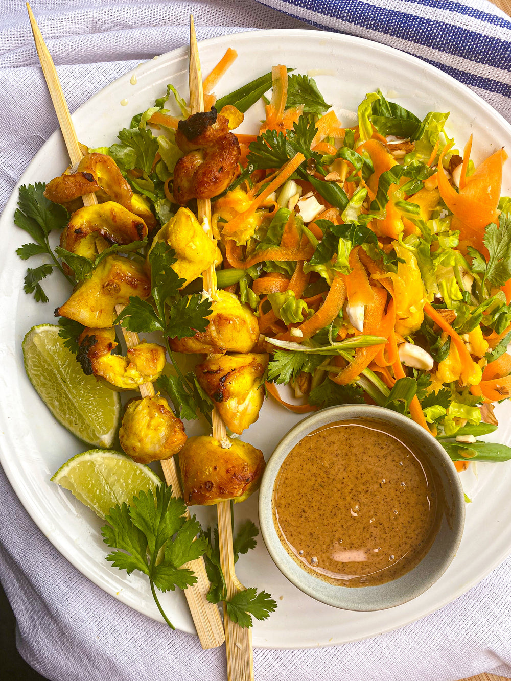 Almond Chicken Satay Skewers With Mango, Lime And Carrot Salad
