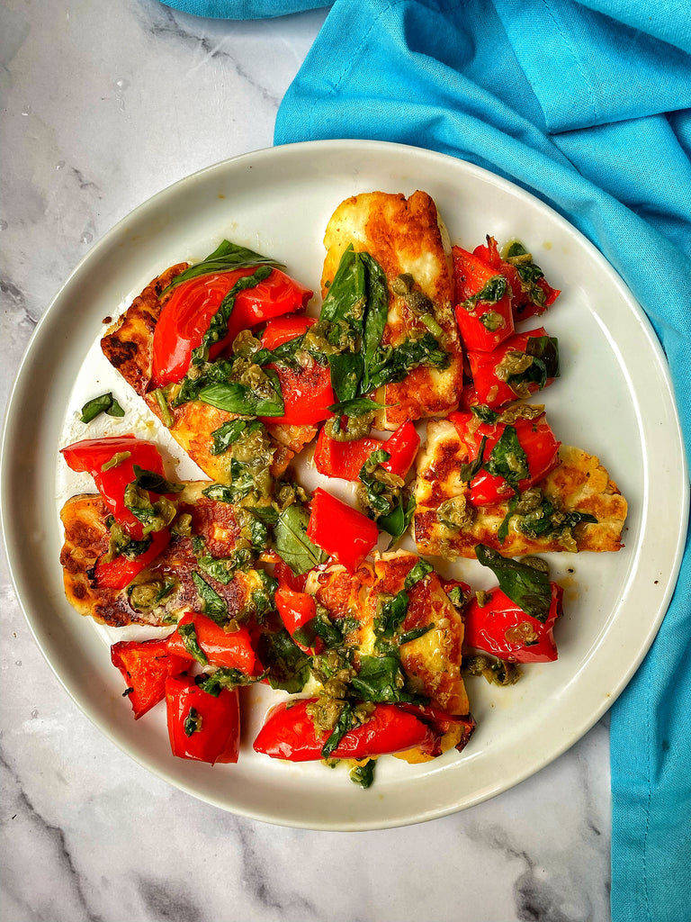 Halloumi and Red Peppers with basil caper dressing