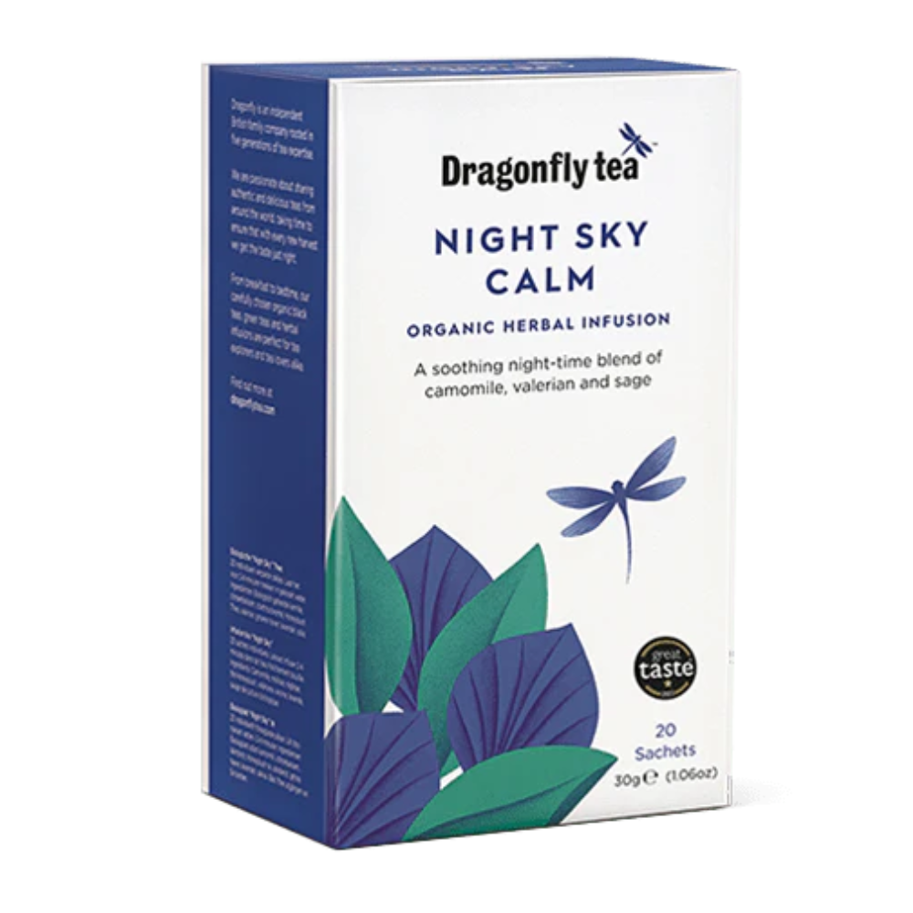 Fly Awake Tea Home Dragonfly Night Sky Calm Organic Herbal Tea 20 Sachets